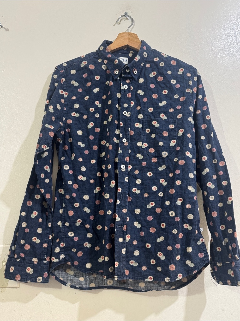 Edwin Navy Button-Down Shirt with Pink and Cream Dot Print
